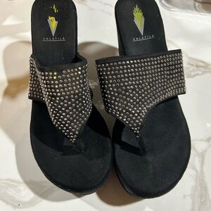 Black and silver wedge sandals. Great condition